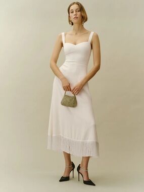 Reformation Ivory Midi Dress with Fringed Hem - Size 0